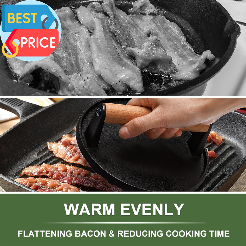 Burger Press, 7" round Heavy-Duty Cast Iron Smash Bacon Press Meat Steak with Wo gallery