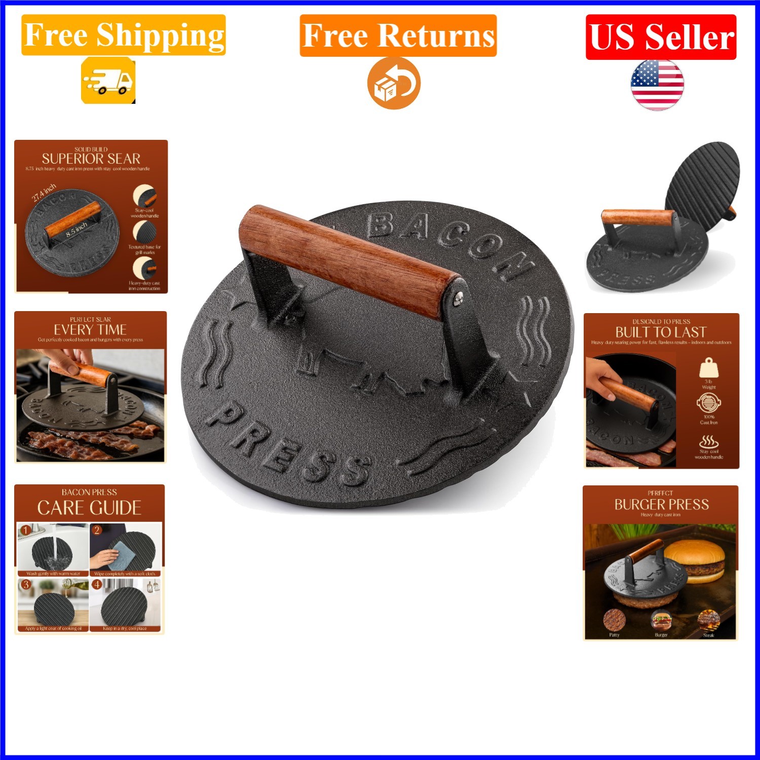Heavy-Duty Cast Iron 8.5-Inch Burger Press for Grilling & Cooking gallery