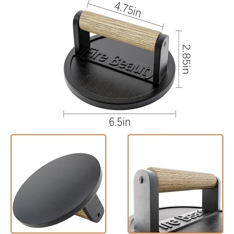 Heavy Duty Cast Iron Grill Press Bacon Burger Press Comfort Grip Wooden Handle gallery