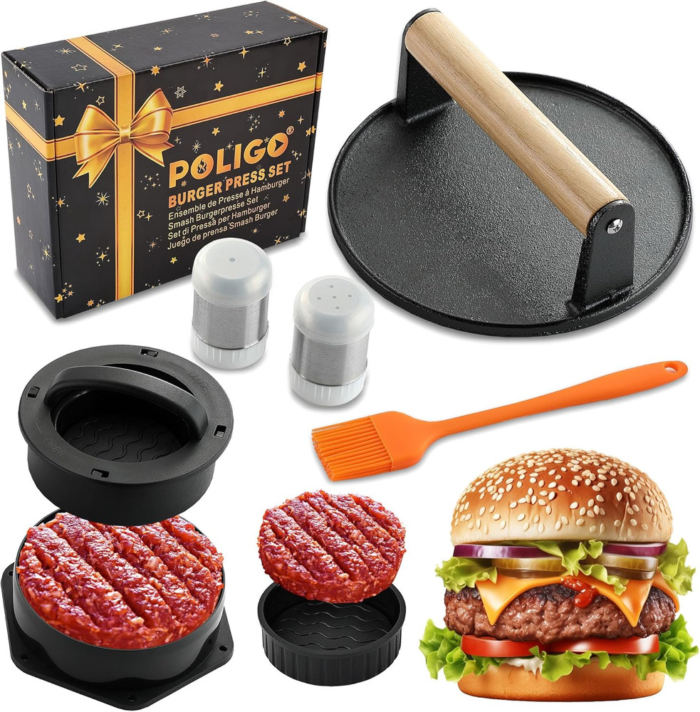 Smash Burger Press Kit - 4 in 1 Hamburger Patty Storage Containers,6.69" round C