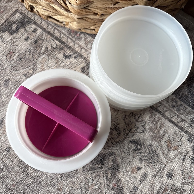 Vintage Tupperware Large Hamburger Patty Press & 5 Keepers Fuchsia Pink No Lid gallery