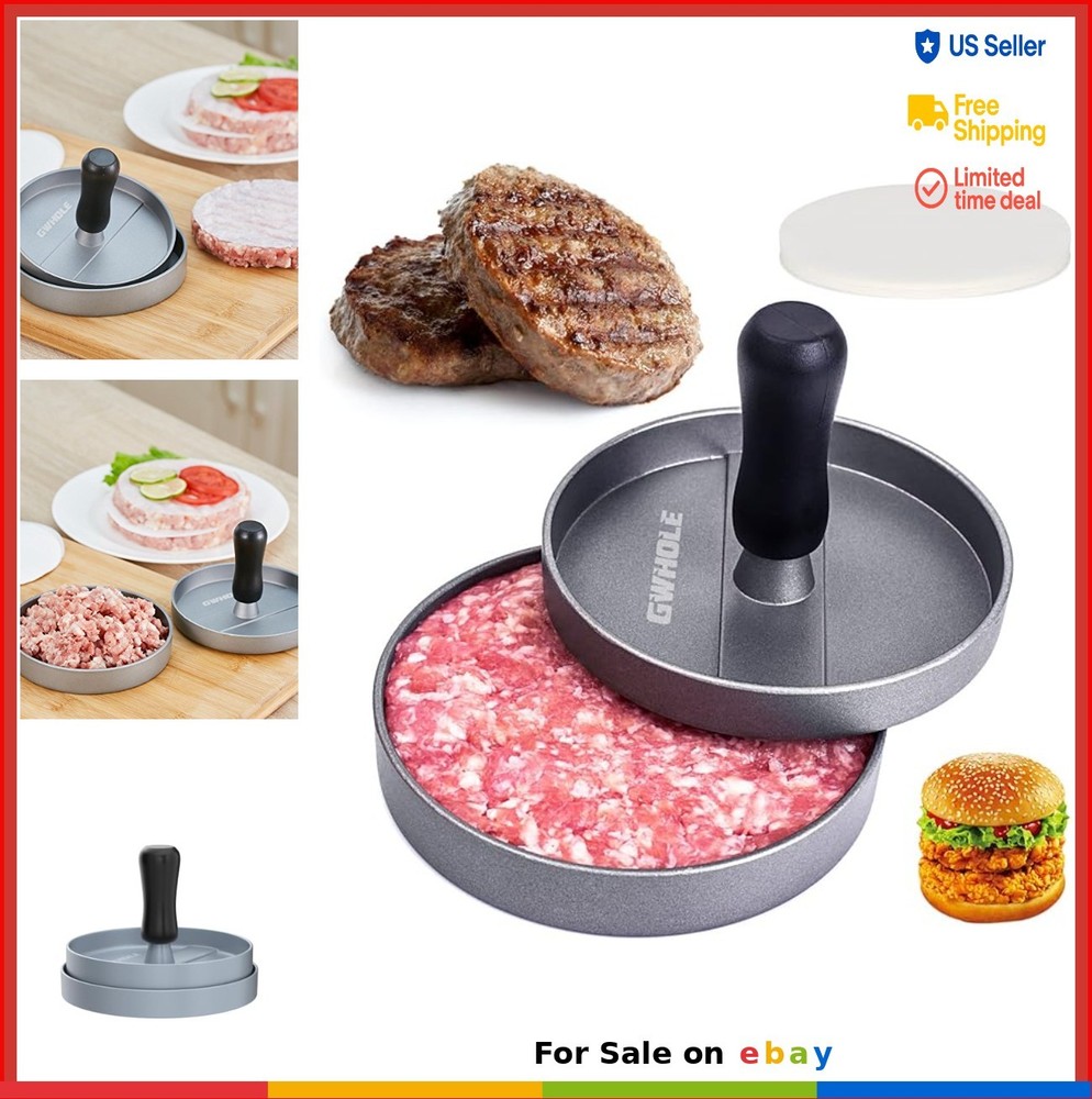 Non-Stick Burger Press Aluminum Hamburger Patty Maker with 100 Wax Papers BBQ