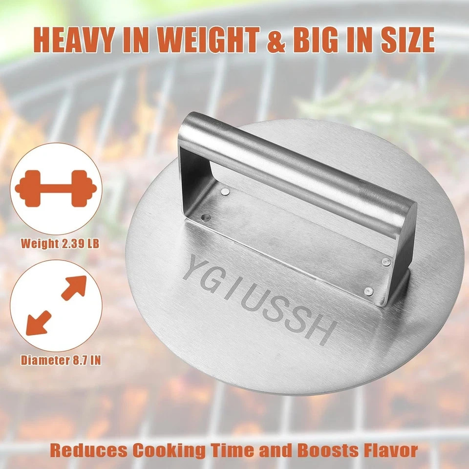 Stainless Steel Bacon Press 8.7 Inch round Heavy Duty BBQ Press with Heat Resist gallery
