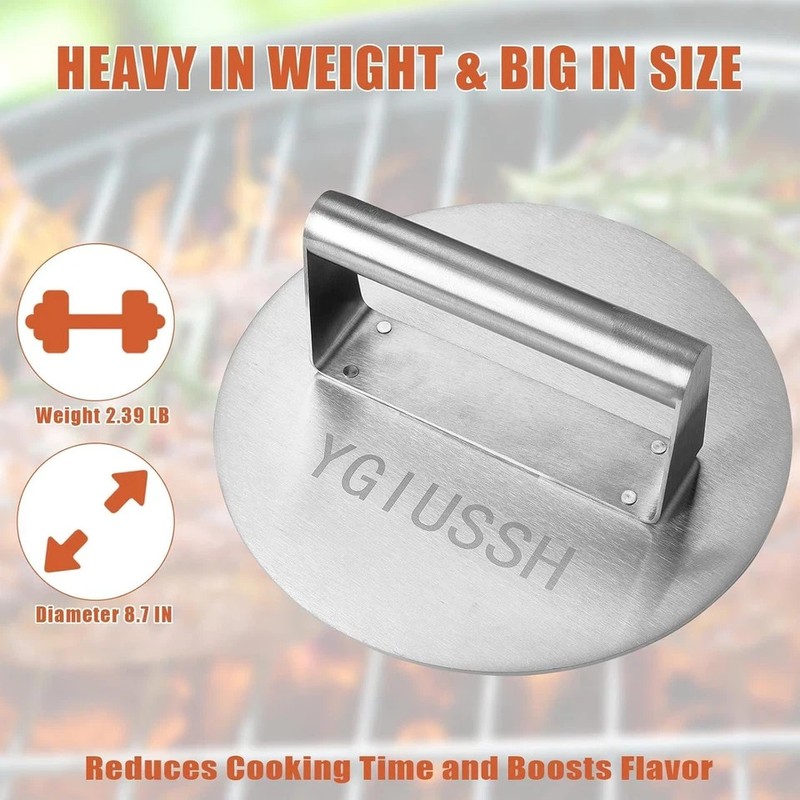 Stainless Steel Bacon Press 8.7 Inch round Heavy Duty BBQ Press with Heat Resist gallery