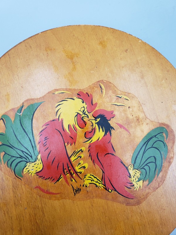 Vintage Jumbo Wood Fighting Roosters Hamburger Press gallery