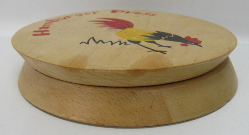 Vintage Wooden Hamburger Press with ROOSTER / CHICKEN - Hand Painted in Japan gallery