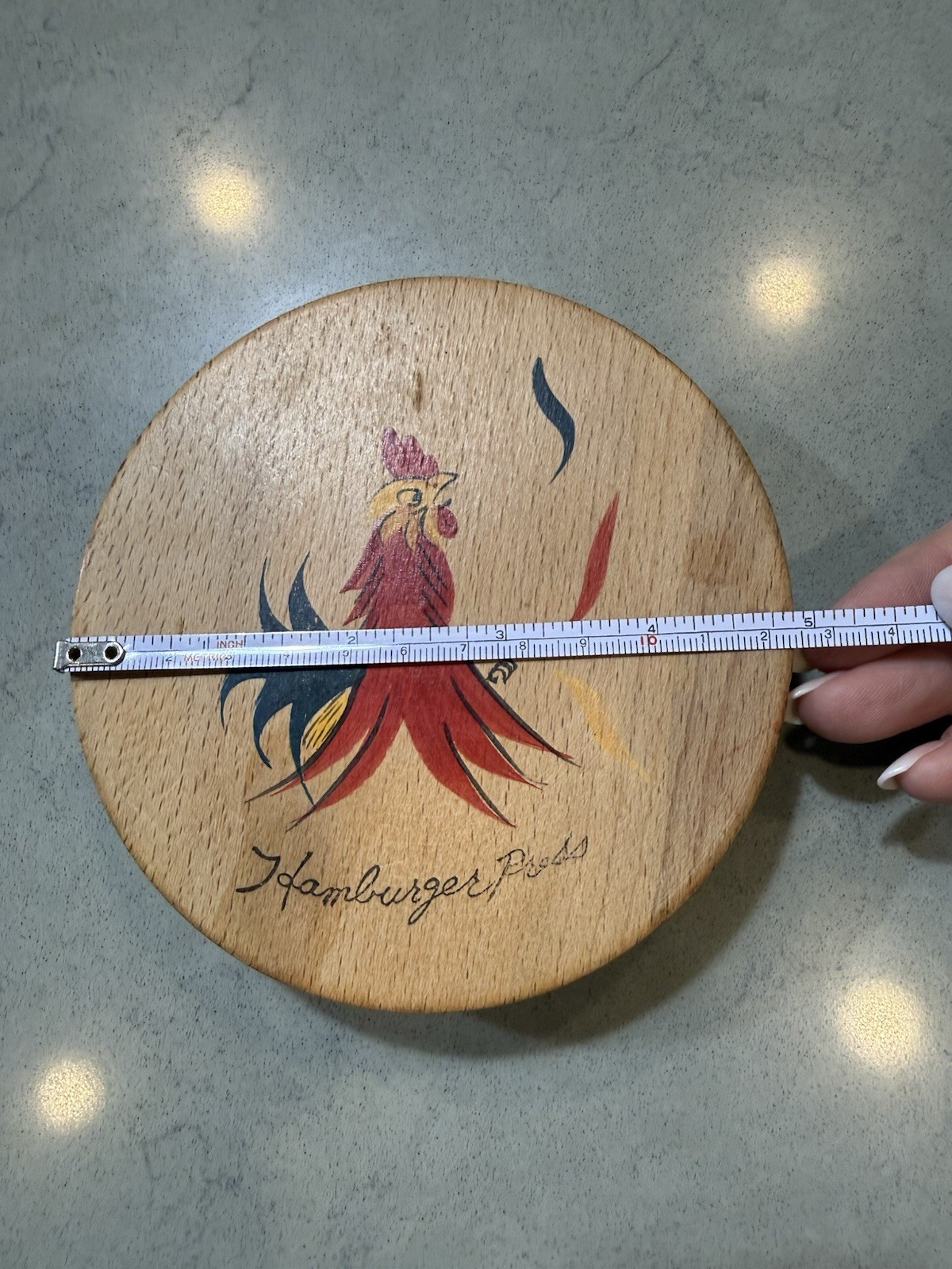 vintage wooden rooster hamburger press, lfrom 1950 and made in Japan. gallery