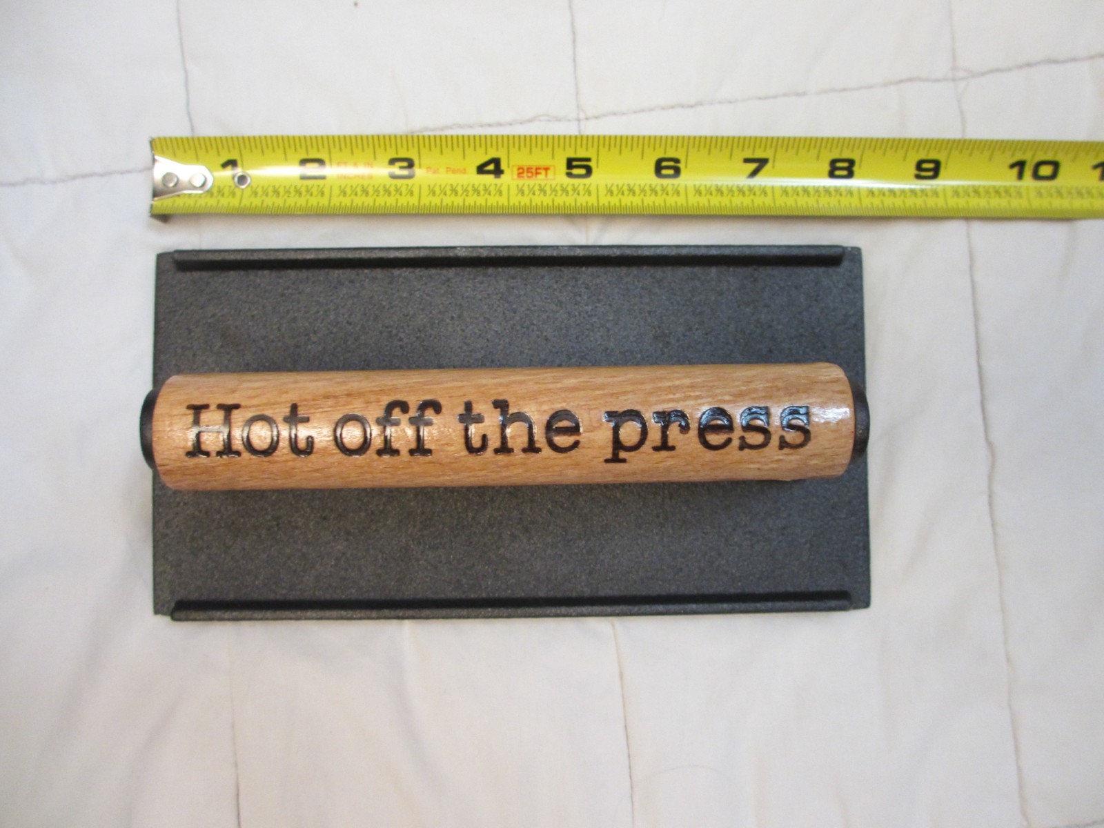 HOT OFF THE PRESS branded WORD print MEAT weight GRILL cast iron wood handle gallery