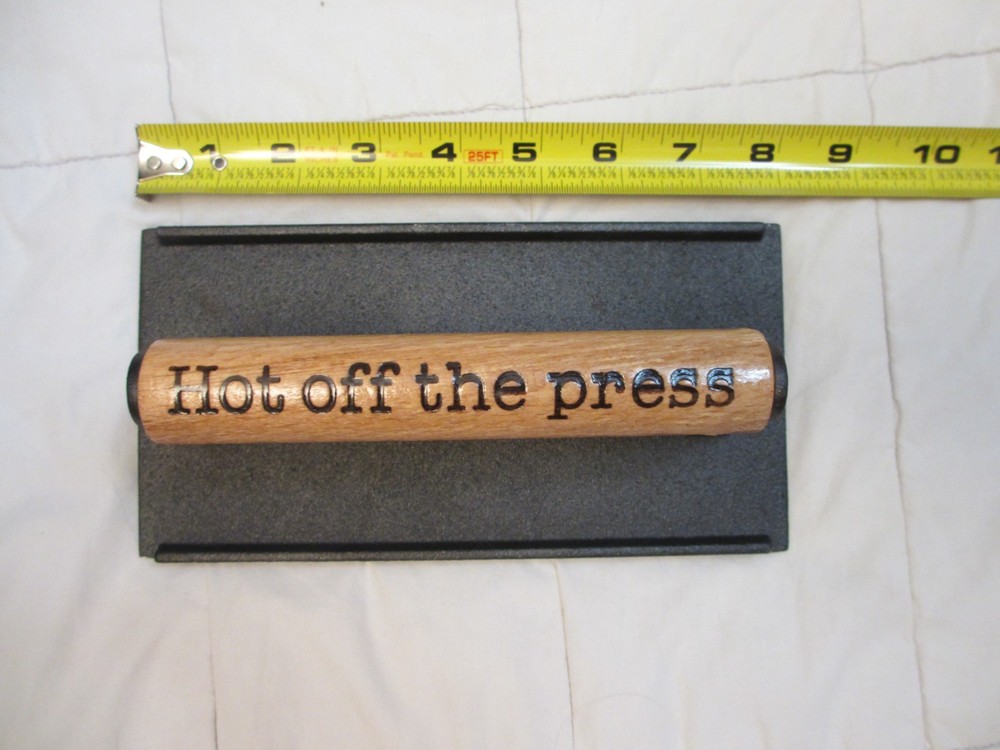 HOT OFF THE PRESS branded WORD print MEAT weight GRILL cast iron wood handle