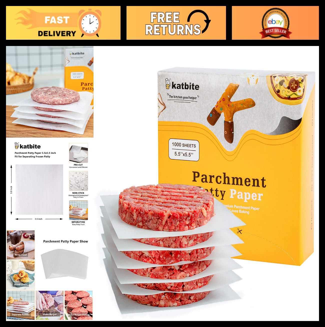 1000 Non-Stick Hamburger Patty Paper Squares 5.5"x5.5" for Freezing, Oven & Micr gallery
