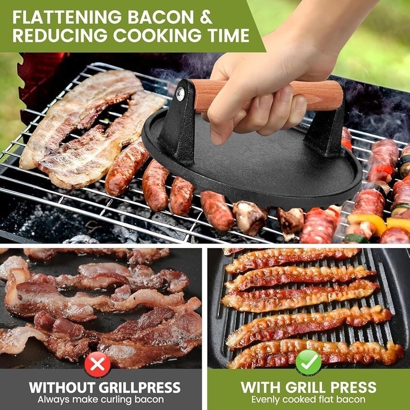 Food-Grade Cast Iron Burger Press Grill Weight Non-Stick Bacon Smasher Tool New gallery