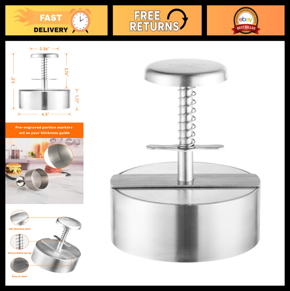 Heavy Duty 304 Stainless Steel Burger Press - 4.5" Patty Maker, Dishwasher Safe
