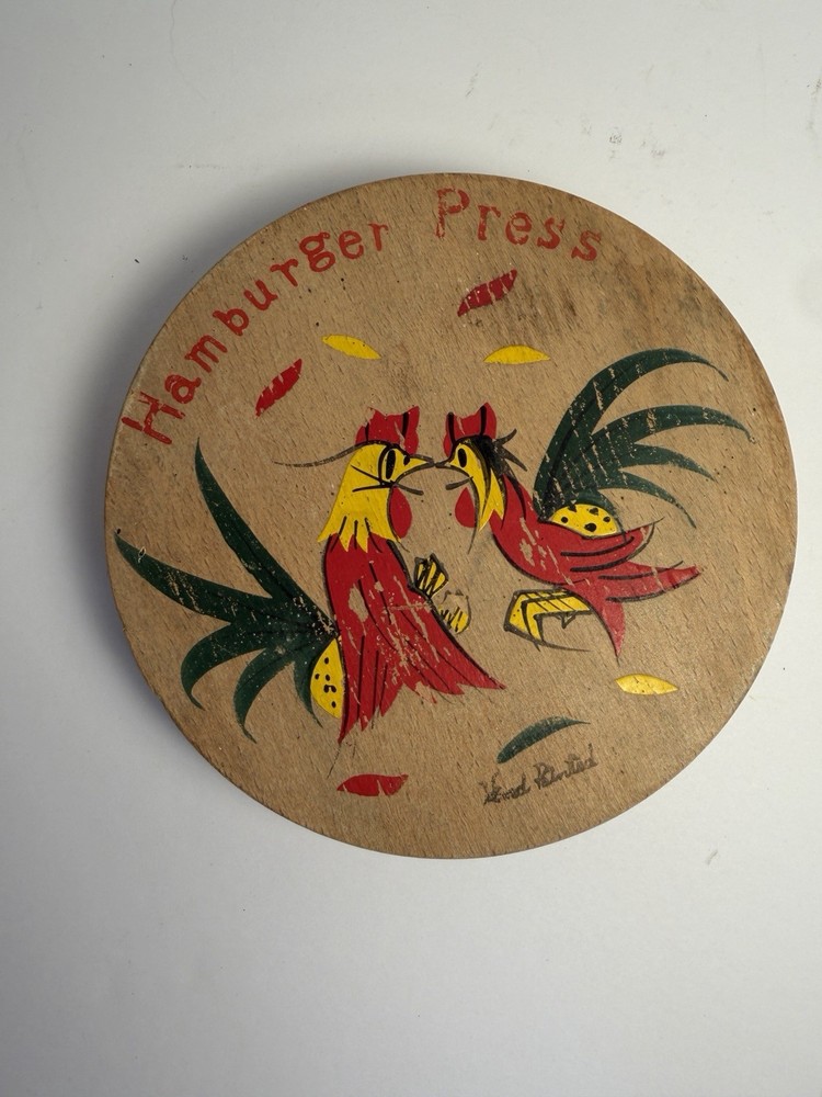 Wooden Hamburger Press Chicken Design Vintage Hinged Medium Brown