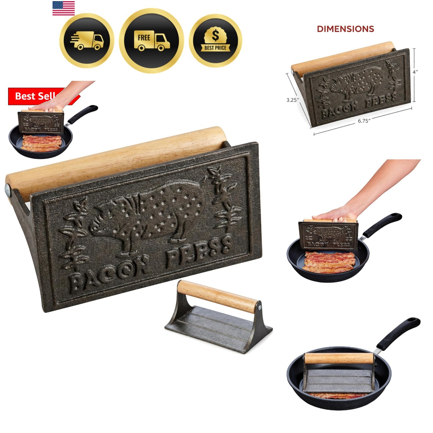 Cast Iron Bacon Press Heavy Duty Rectangular With Wooden Handle Kitchen Tool gallery