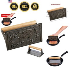 Cast Iron Bacon Press Heavy Duty Rectangular With Wooden Handle Kitchen Tool