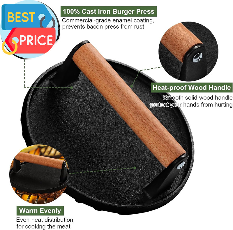 Burger Press, 7" round Heavy-Duty Cast Iron Smash Bacon Press Meat Steak with Wo gallery