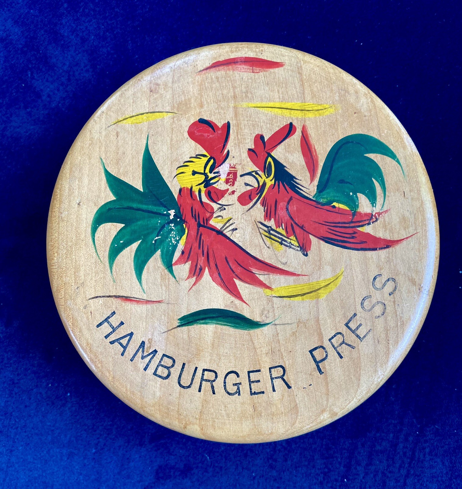 Vintage Wooden Hamburger Press Two Fighting Roosters Chickens Multi Color 5.5” gallery