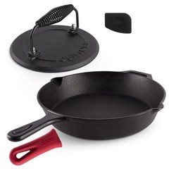 Cast Iron Skillet + Grill Press + Scraper Set 12″inch Preseasoned Frying Pan + S