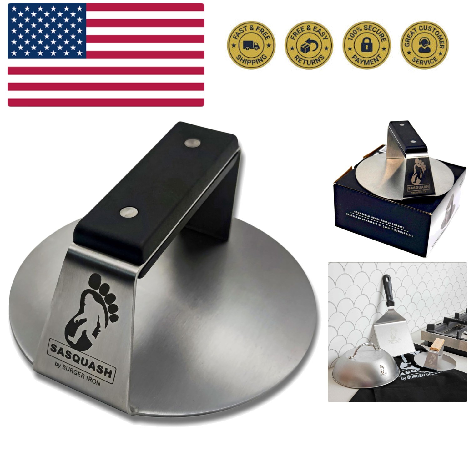 The Sasquash - 6" Heavy Duty Extra Wide Flat Handle Smashed Burger Press - Co... gallery