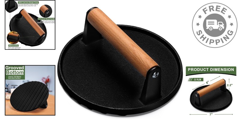 Cast Iron Burger Press with Ergonomic Handle for Perfectly Grilled Meats gallery