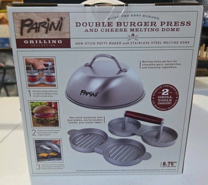 Parini Double Burger Press And Cheese Melting Dome 8.75" Non-Stick Grilling New gallery