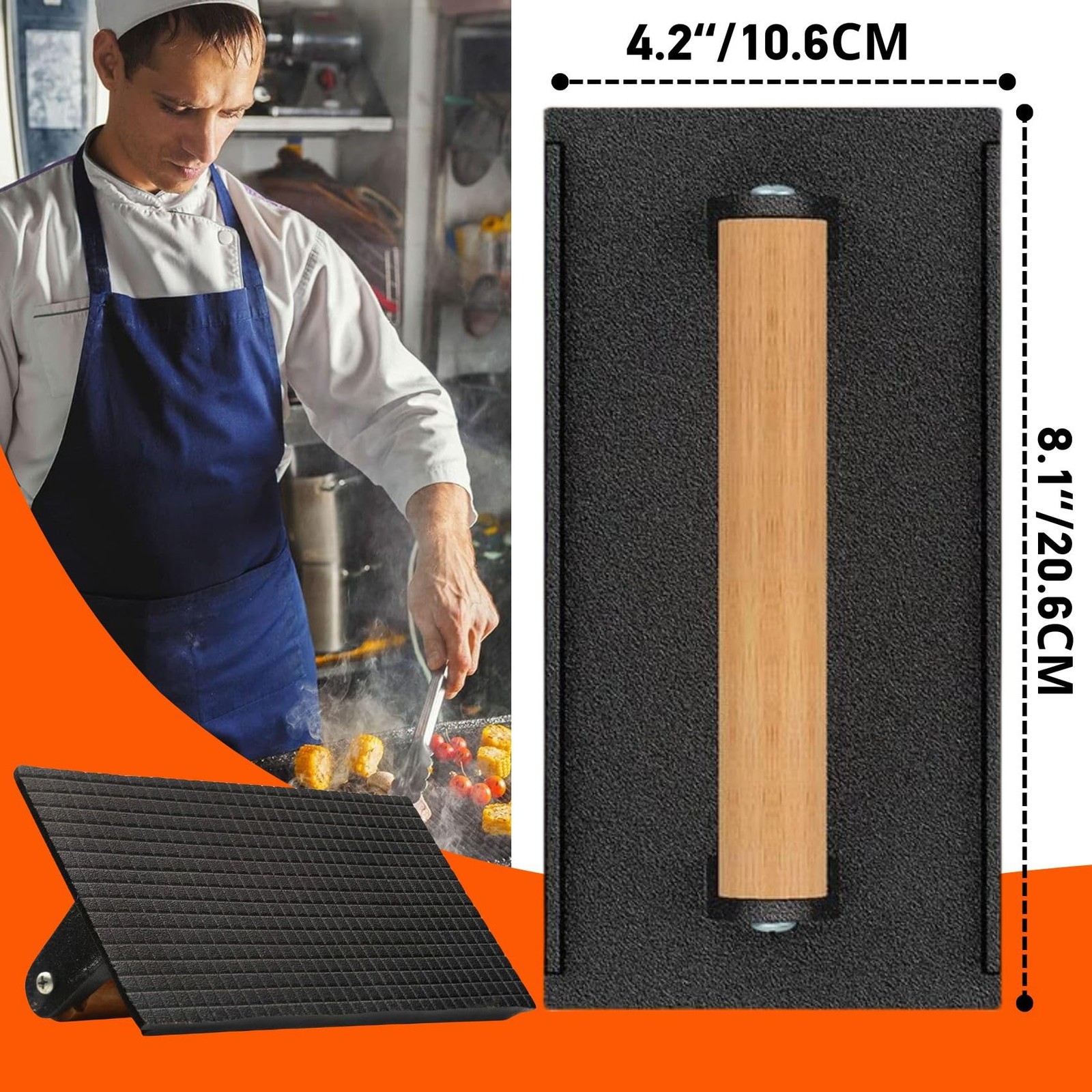 Cast Iron Grill Press Bacon Burger Meat Flattener Wood Handle 8.1x4.2in gallery