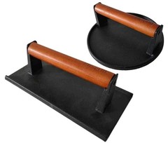2 Pack Round and Rectangle Cast Iron Grill Press with Wooden Handle for Griddle