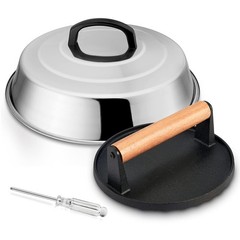 12In Cheese Melting Dome & 7In Cast Iron Grill Press Stainless Steel Basting