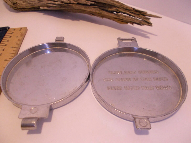 Vtg Hamburger Press / Vegetarian Burger Maker w Chef Design & Denim Potholder gallery
