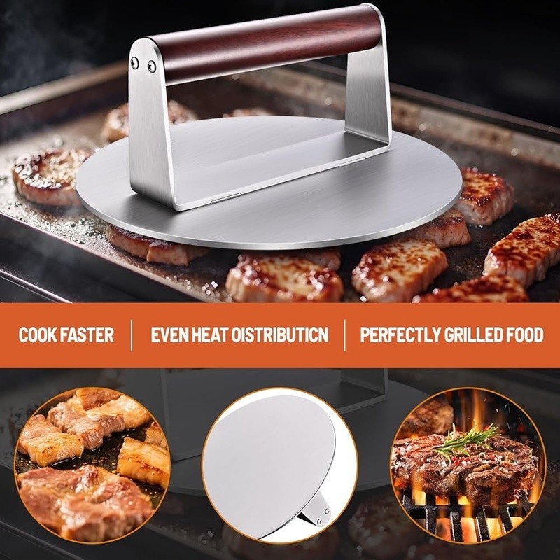 Heavy-Duty Stainless Steel Burger Press Non-Stick Grill Tool W/ Wooden Handle US gallery
