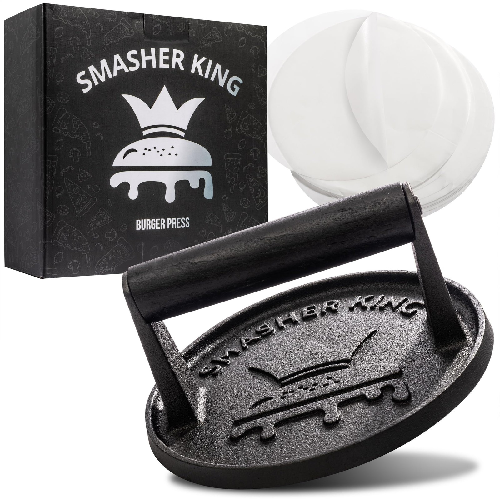 SMASHER KING™ Premium Cast Iron Smash Burger Press incl. 25 pcs of Patty Pap... gallery