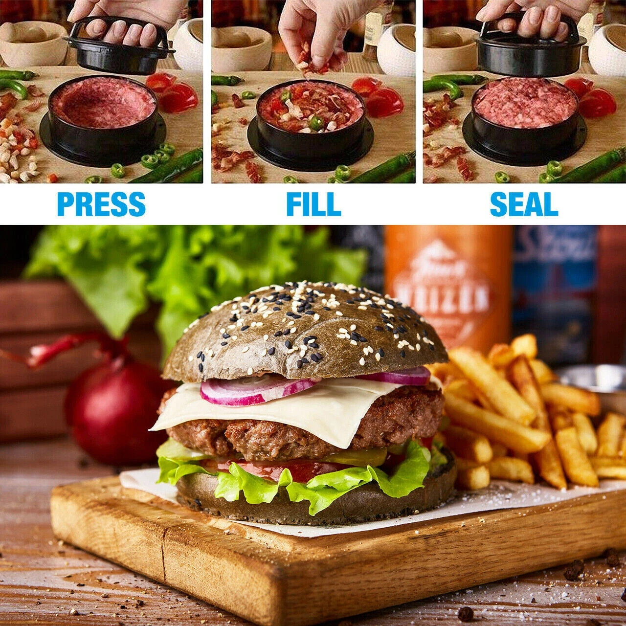 Non Stick 3 IN 1 Stuffed Burger Press Hamburger Patty Molds Maker Sliders BBQ US gallery