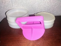 Vintage Tupperware Hamburger Press Lot #1926 Pink Handle 5 Keepers lid + 2 sm
