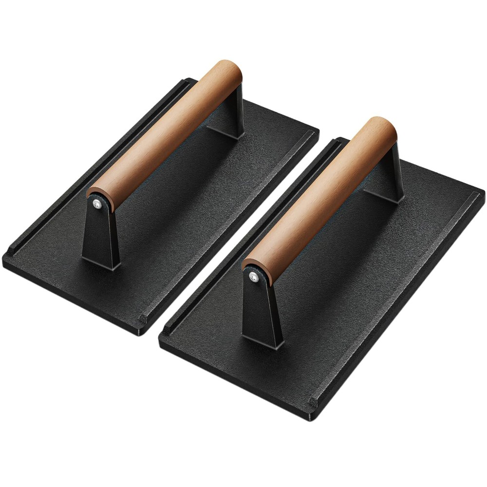 2PC Heavy Duty Cast Iron Grill Press 8.27"x4.25" Bacon Panini Press Wood Handle