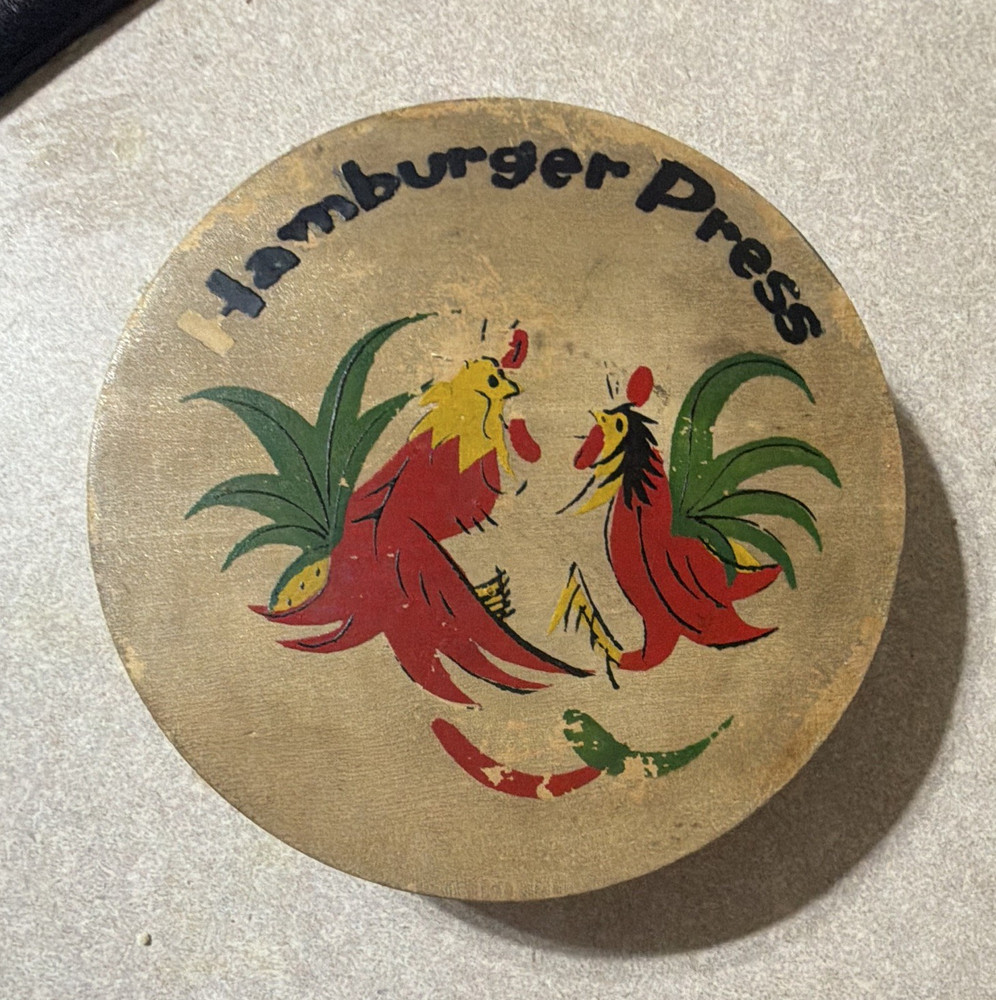 Vintage Wooden Hamburger Patty Press Rooster Design, Small 5 in, Brown