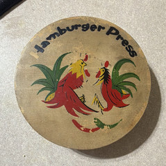Vintage Wooden Hamburger Patty Press Rooster Design, Small 5 in, Brown