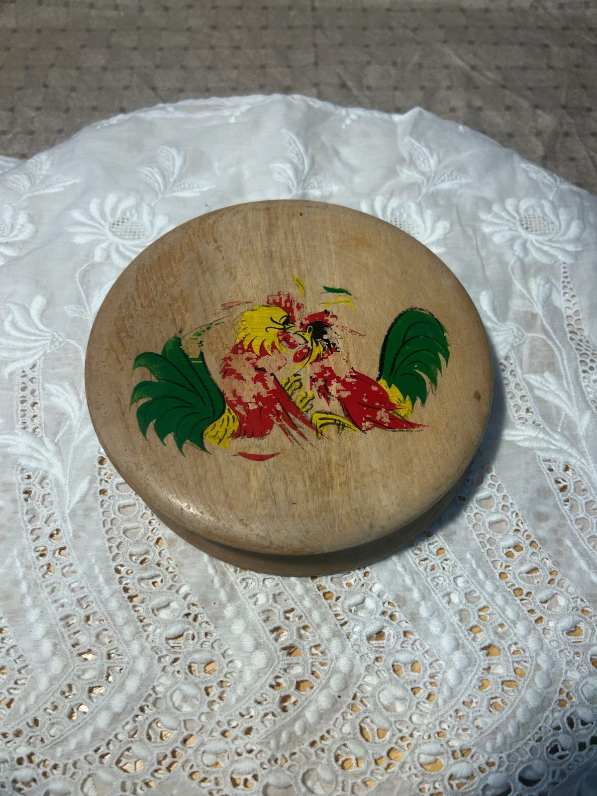 Wood Hinged Hamburger Press Hand Painted Fighting Roosters Vintage Japan 1950s gallery