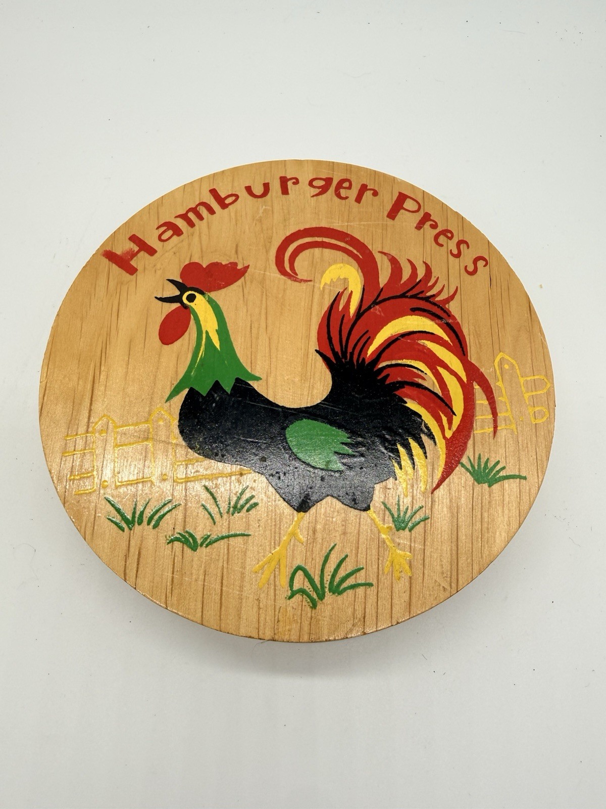 Vintage Wooden Hamburger Press Hinged Kitchen King MCM Rooster gallery