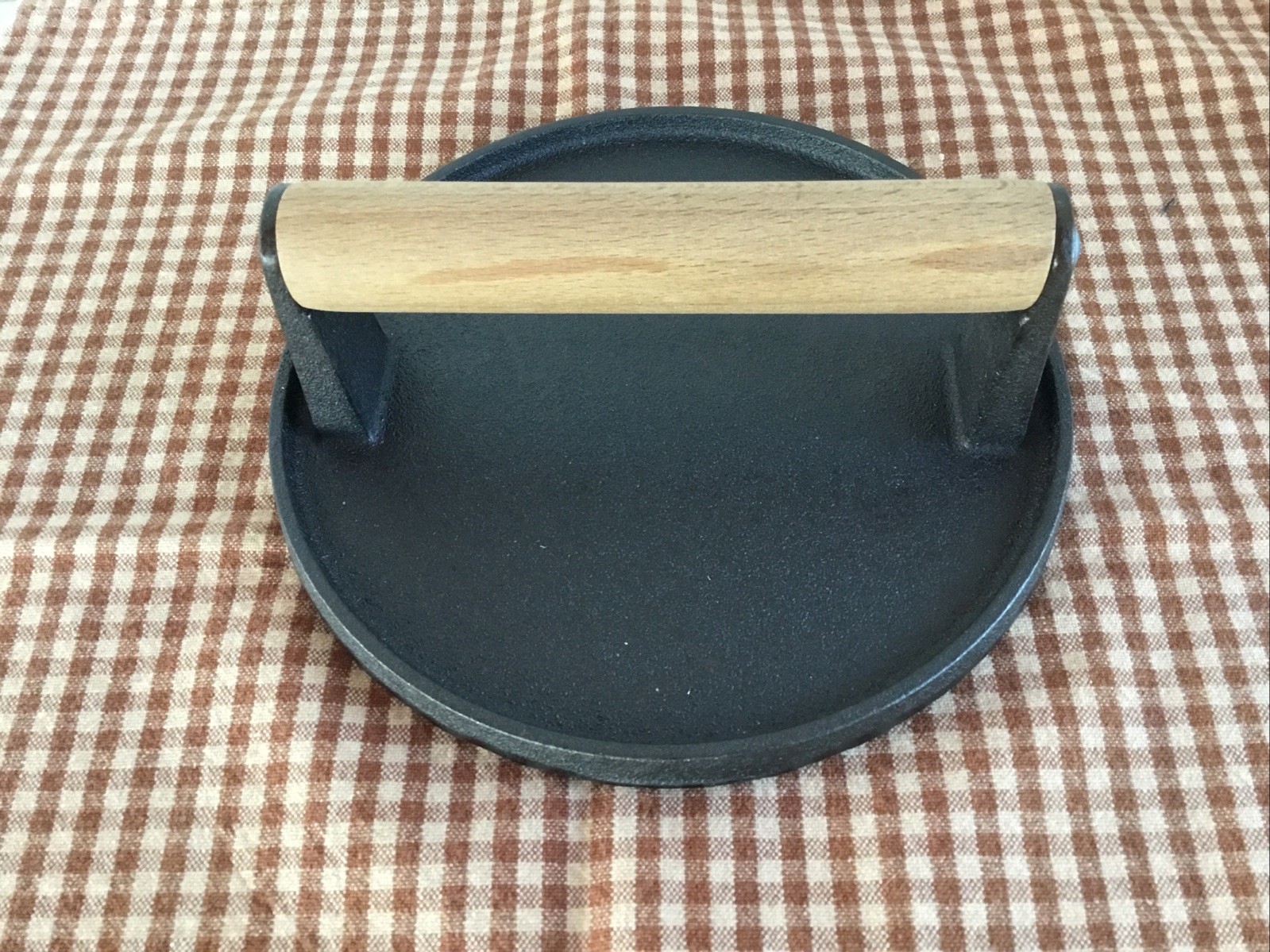 Bacon Press 7" Round Cast Iron Smash Meat Grill Press with Wood Handle NICE gallery