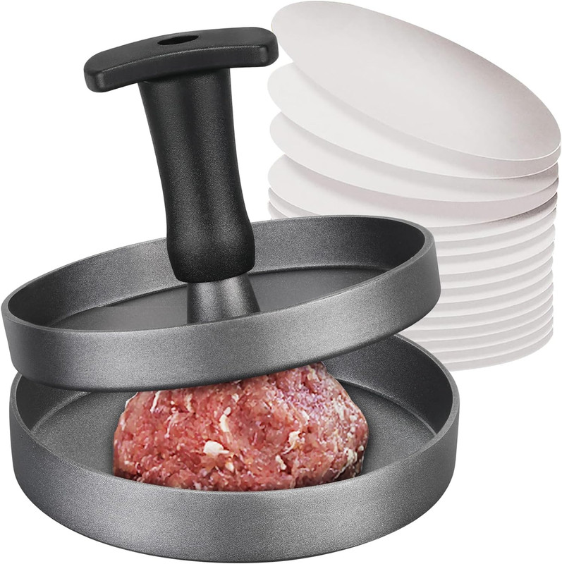 Stainless Steel Burger Press with Wood Handle & 100 Non-Stick Patty Papers gallery