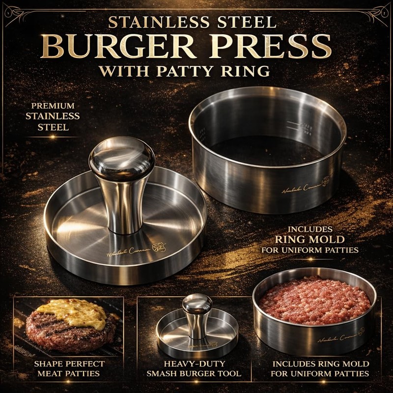 Stainless Steel Burger Press with Patty Ring – Multi-Purpose Meat & Veggie Pa... gallery