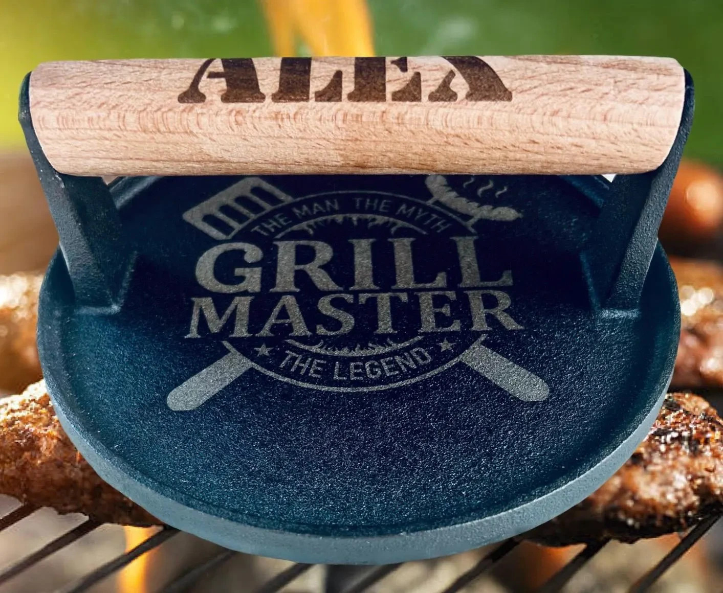 Cast iron burger press personalized gallery