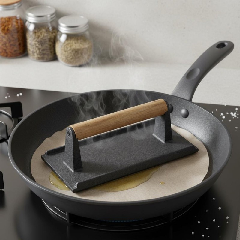 Cast Iron Cooking Press Press Grooved Bottom Rectangular Meat Weight Food-Safe gallery