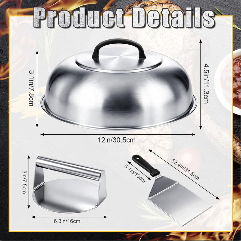 3 Pcs Smash Burger Kit 12" Cheese Melting Cover and 8.5" Burger Press with Grill gallery