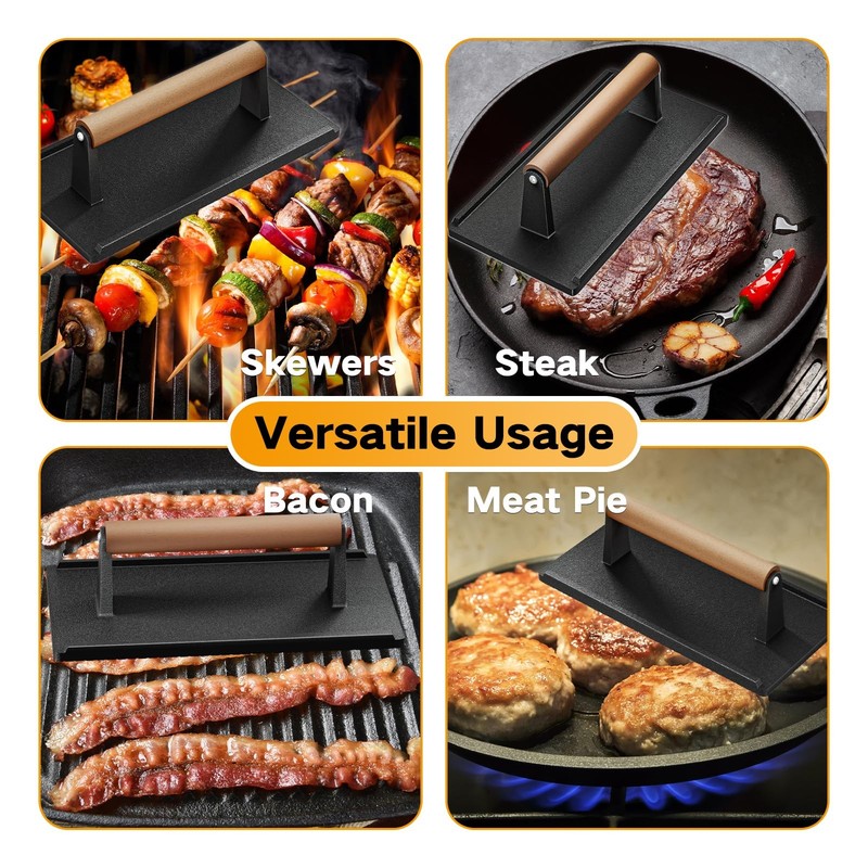 Cast Iron Grill Press 2 PCS 2.25lbs Heavy Duty Bacon Press with Wood Handle gallery
