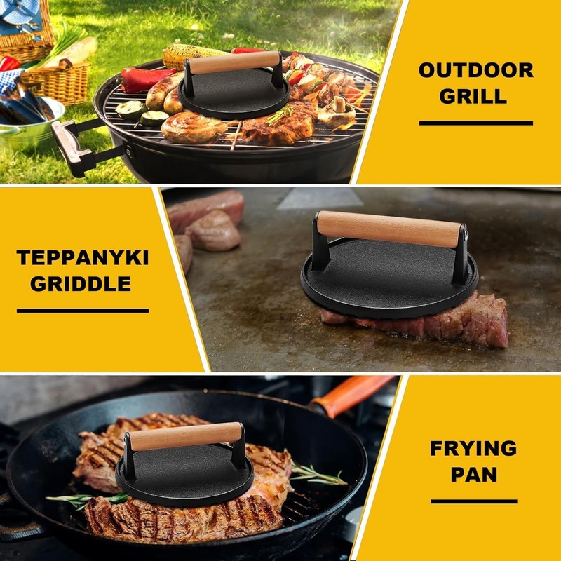 Professional Cast Iron 6.9In Round Press – Perfect for Burgers & Paninis gallery