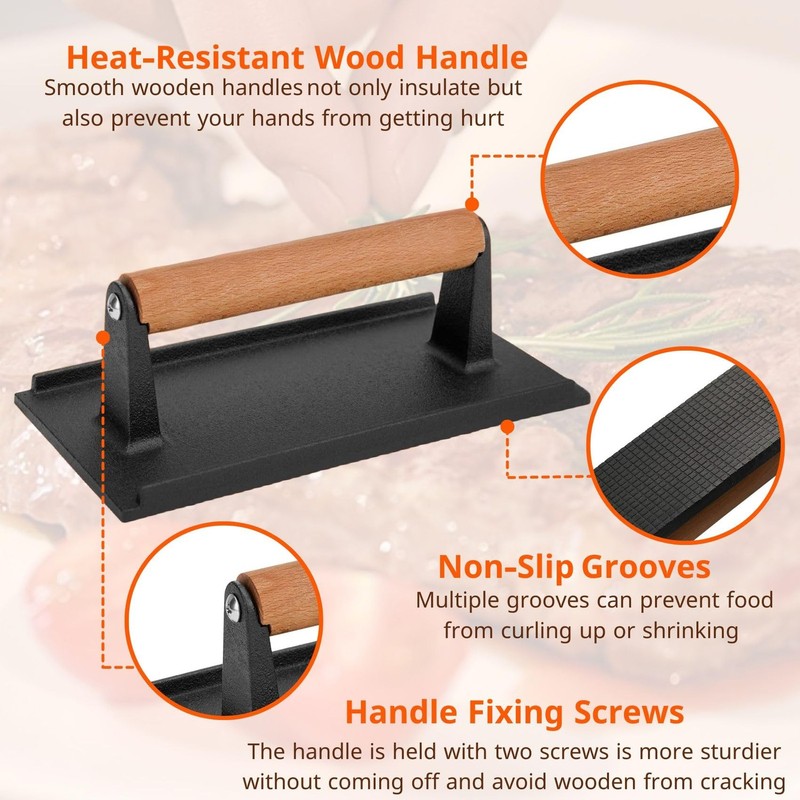 Cast Iron Grill Press Bacon Burger Meat Flattener Wood Handle 8.1x4.2in gallery