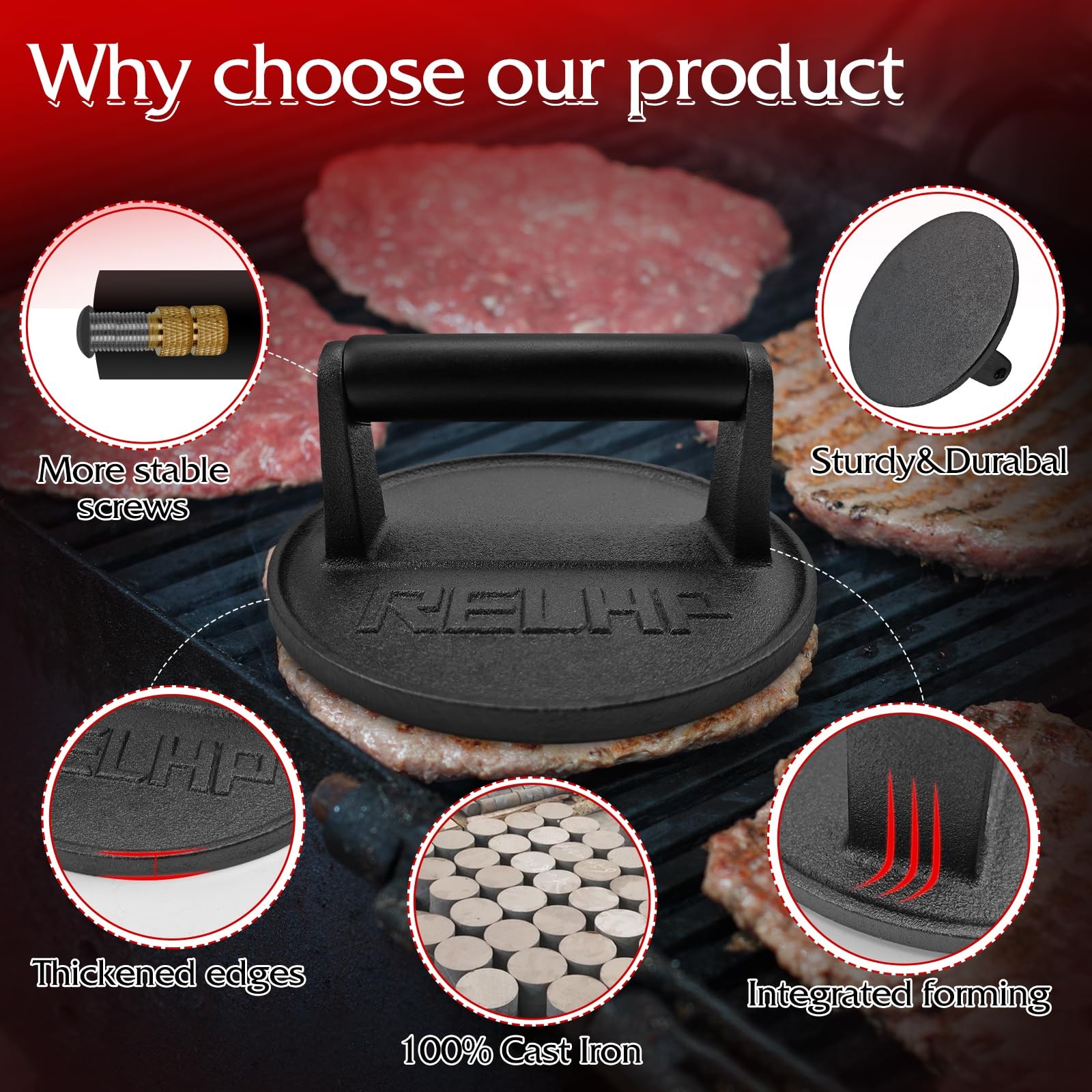 Burger Smasher 6.5" Round Smash Burger Press Heavy-Duty Cast Iron Smash Burge... gallery