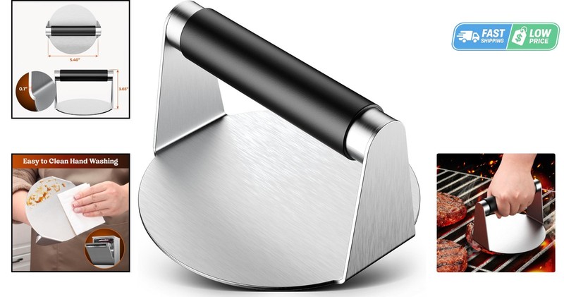 Stainless Steel Smash Burger Press - 5.5" Non-Stick Griddle Tool with Heat-Re... gallery