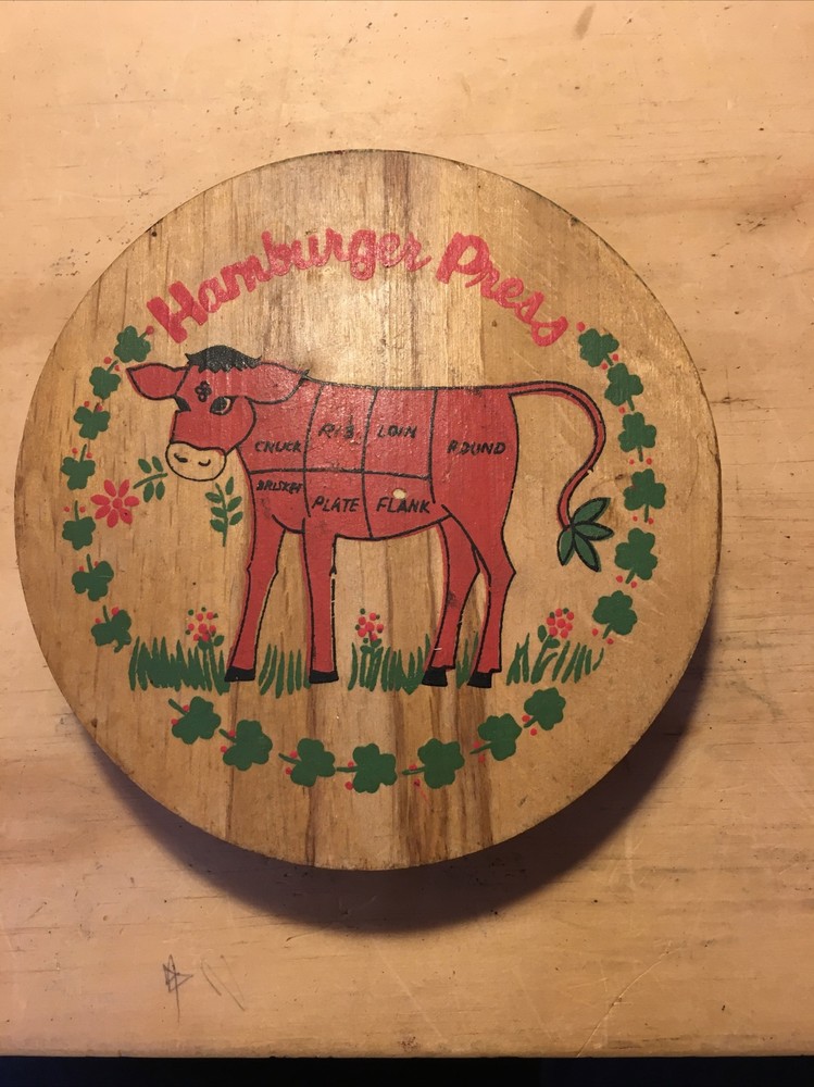 Vintage Wood Hinged Hamburger Press Hand Painted Cow Nevco Made in Taiwan